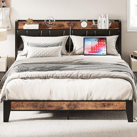 King Size Bed Frame, Storage Headboard with Charging Station, Solid and Stable