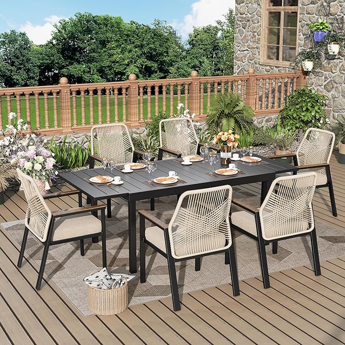 7 Pieces Outdoor Patio Dining Set, Wicker Patio Dining Set of 6 Rattan Chairs