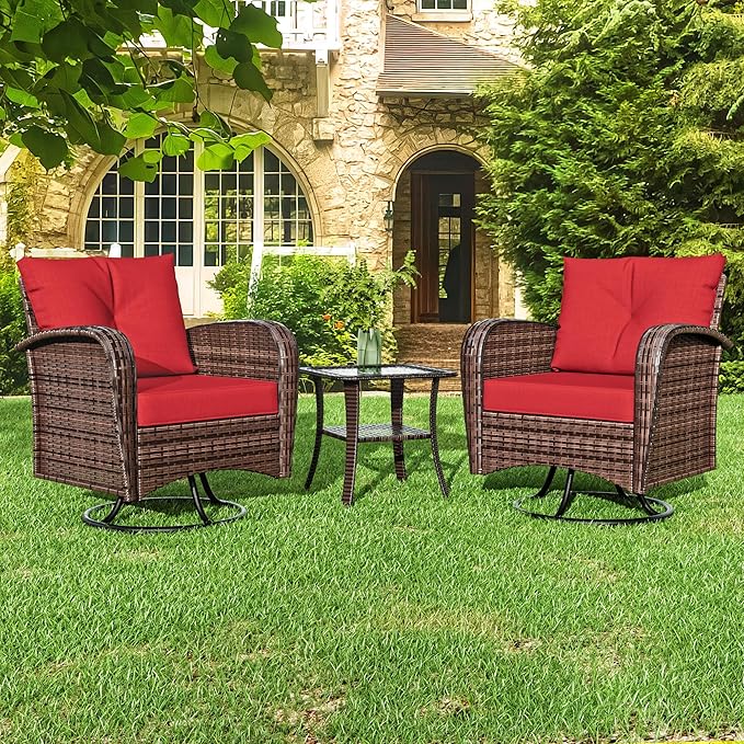 3 Pieces Conversation Furniture Set of Patio Swivel Rocking Chairs and End Table