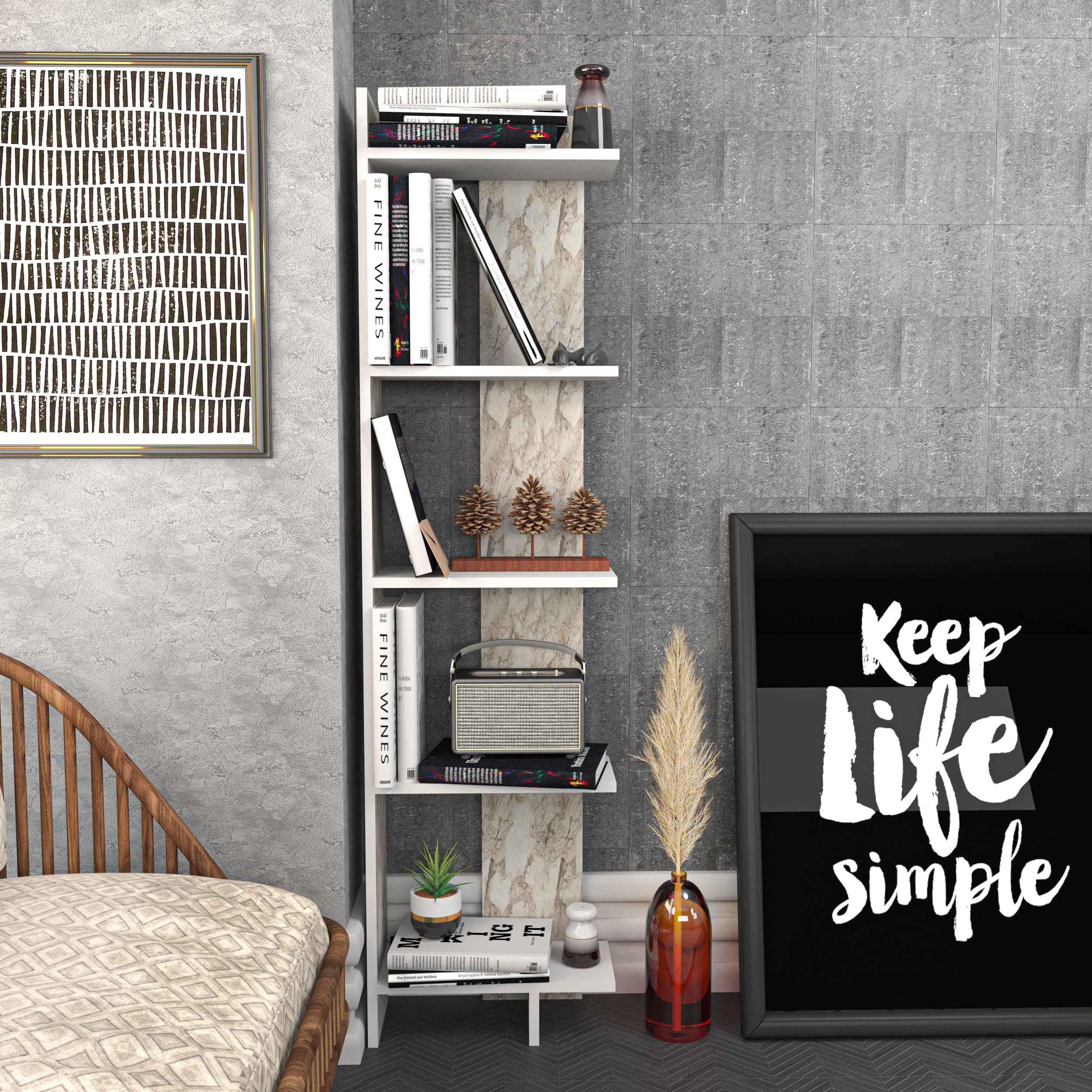 67" Tall Corner Bookcase/Bookshelf Shelving Unit (Marble/White)