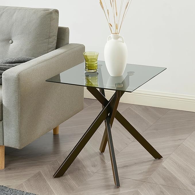 Modern Style Square Side Table with Tempered Glass Top and Metal Tubular Legs