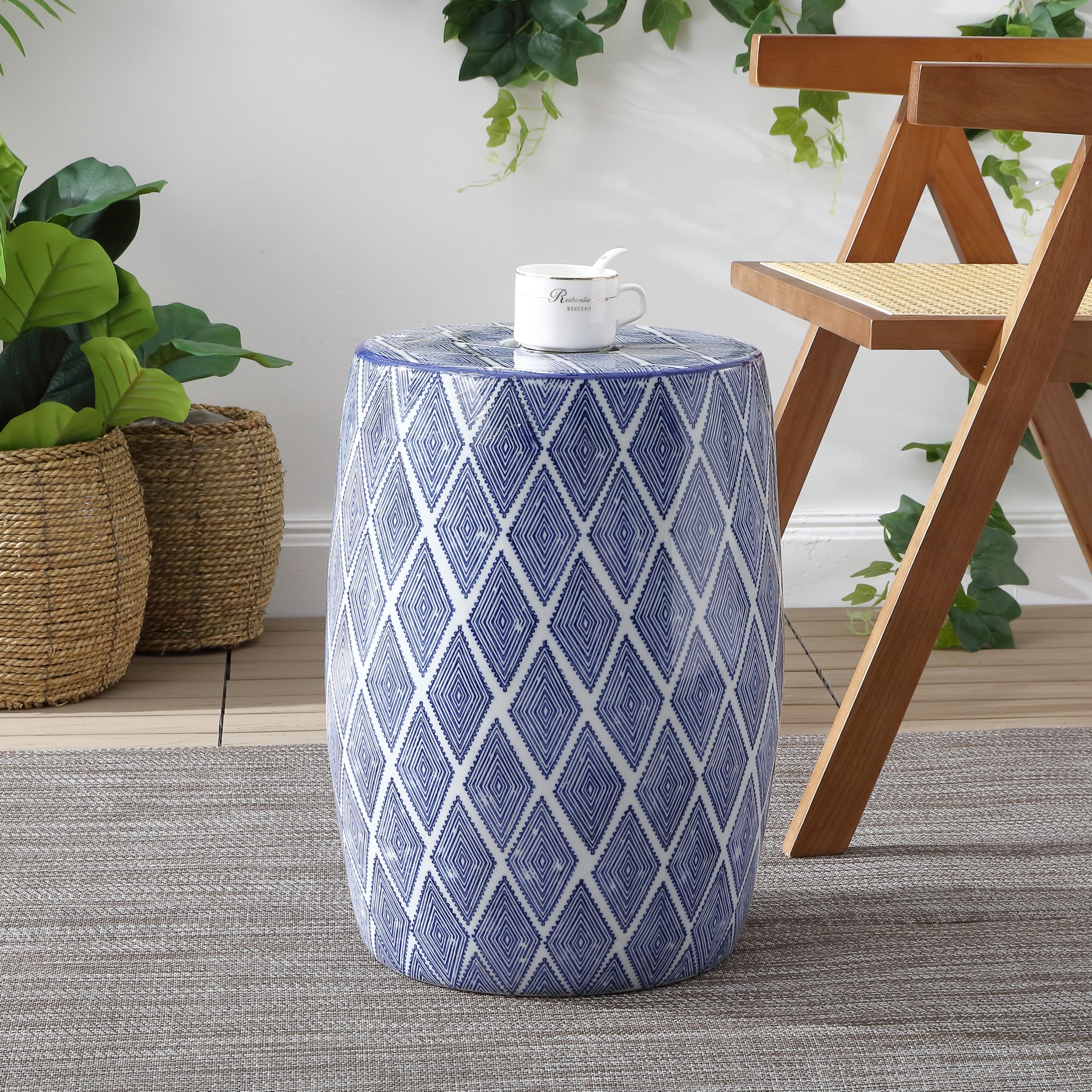 TBL1019A Moroccan Diamonds 18" Ceramic Drum Garden Stool, Coastal, Contemporary, Transitional,