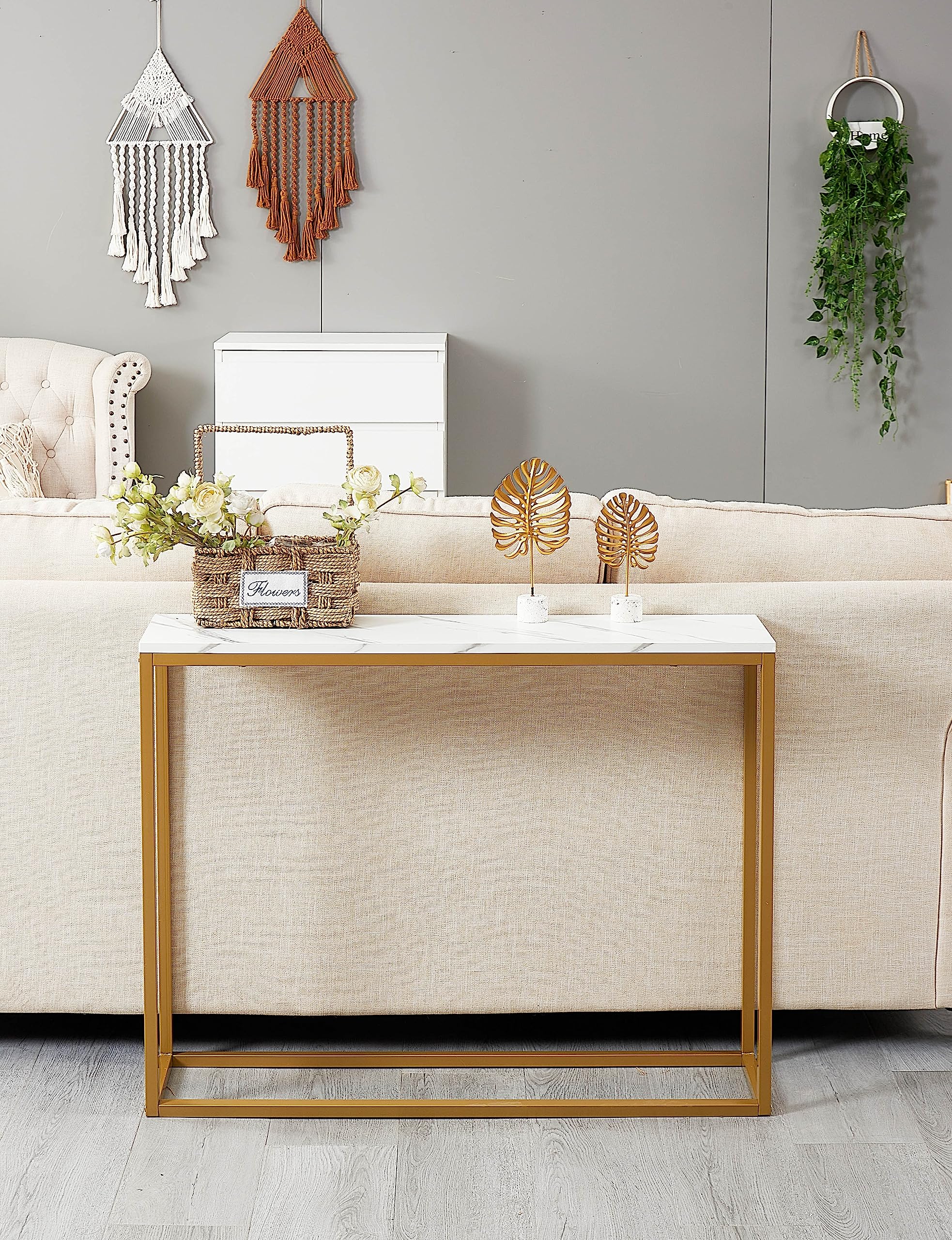 Modern Console Table for Entryway, MDF Faux Marble Sofa Table with Golden Metal