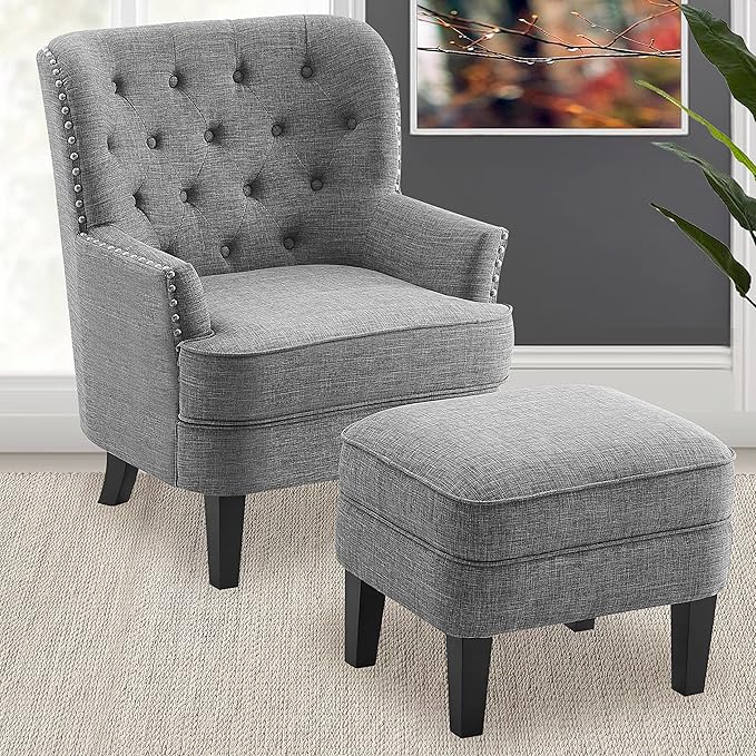 Accent Chair and Ottoman Set - Button Tufted Armchair for Living Room, Bedroom