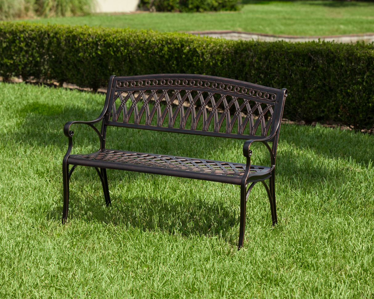 62441 Simone Cast Aluminum Patio Bench Heavy Duty Rust Free Metal Construction