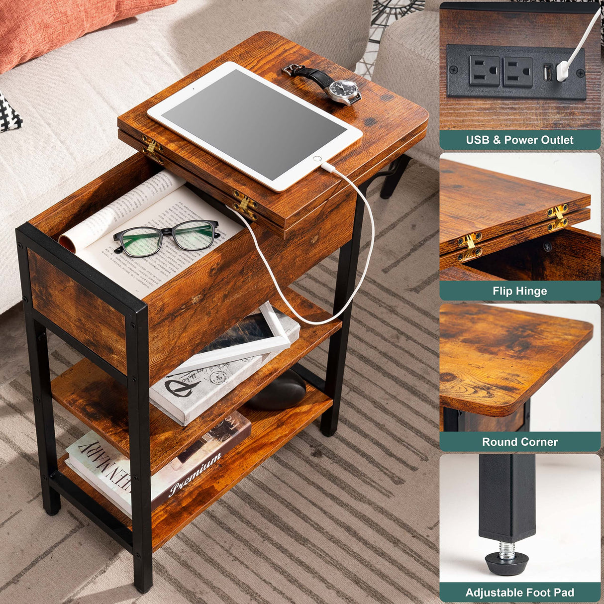 End Table with Charging Station, Flip Top Side Table with USB Ports and Outlets, Sofa Couch Table Bedside Table for Living Room Bedroom, Narrow Nightstand with Storage Shelves for Small Space