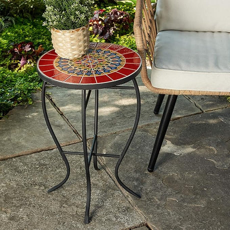 29-KY03WH Accent Side Table - Small, Colorful Mosaic Design, Rust-Resistant Steel Frame