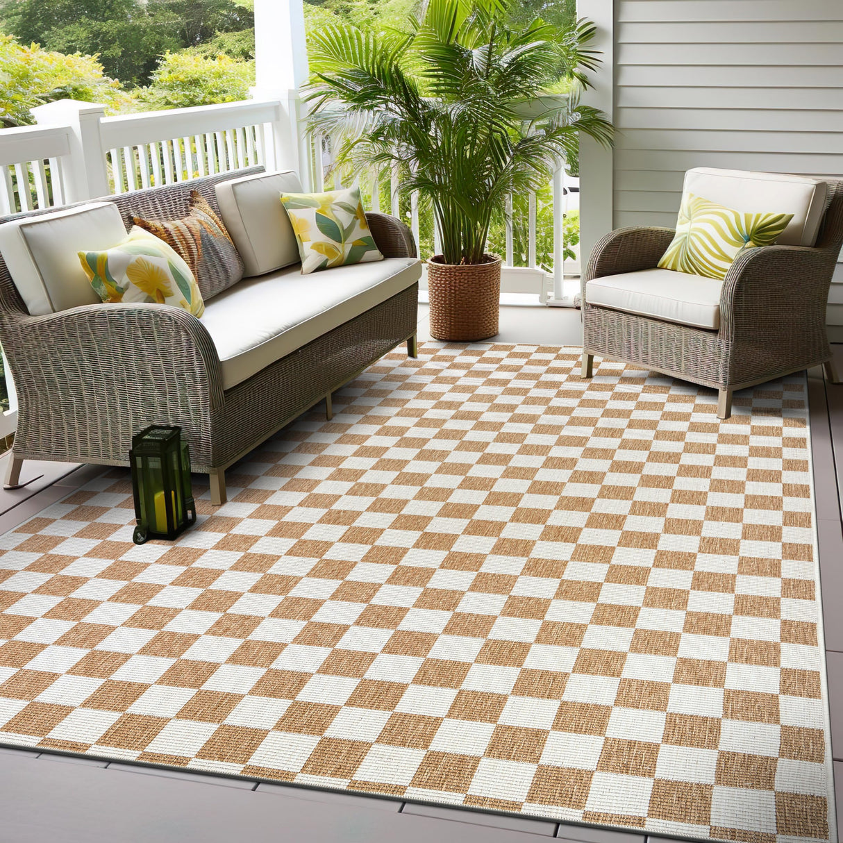 Contemporary Checkered Weather Resistant Reversible Indoor/Outdoor Area Rug 5' x 7' Natural