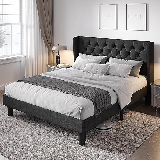 Queen Size Bed Frame with Button Tufted Wingback Headboard, Upholstered Platform