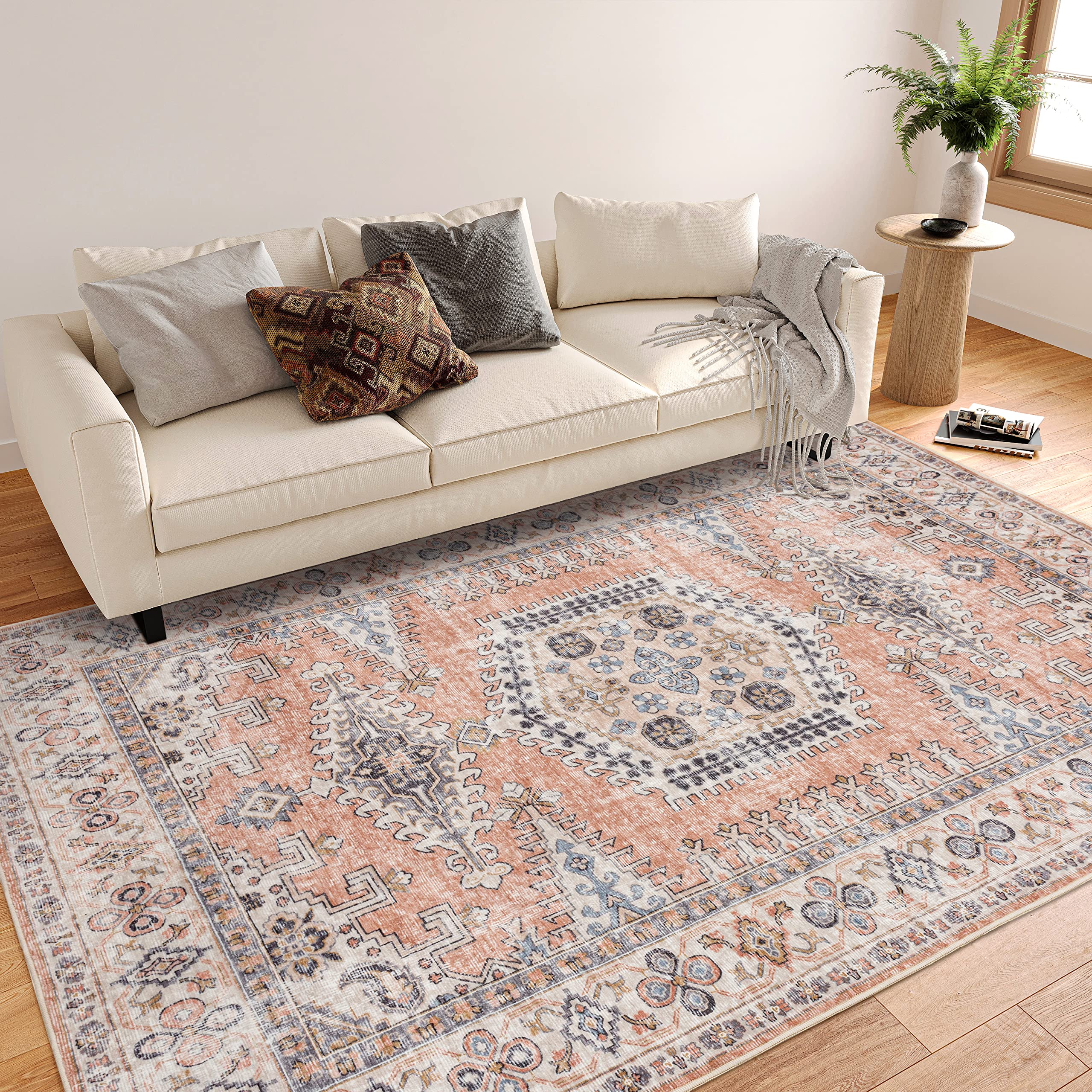Valenrug Washable Rug 8x10 - Ultra-Thin Antique Collection Area Rug, Stain Resistant Rugs for Living Room Bedroom, Distressed Vintage Rug(Peach/Yellowish, 8'x10')