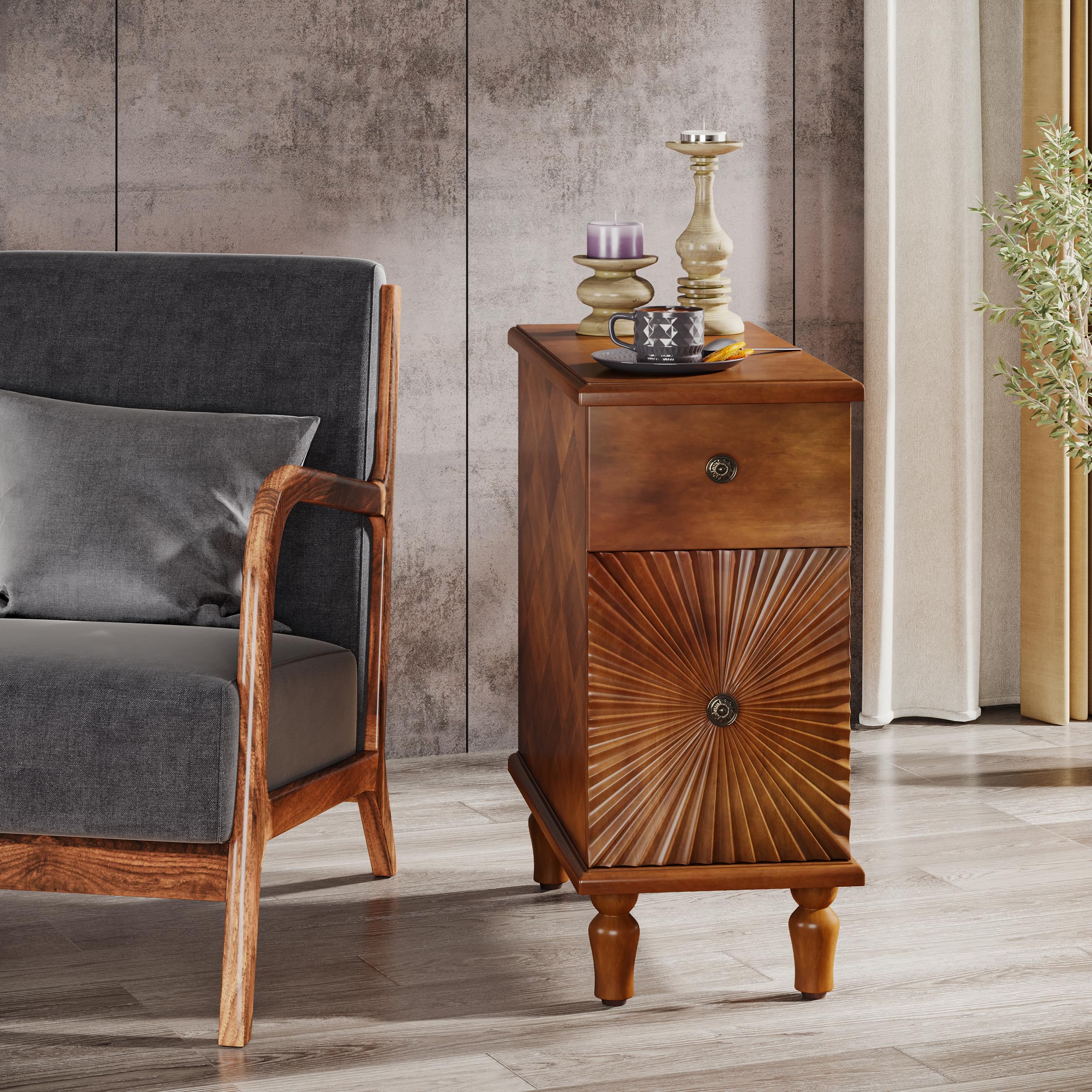 Sunburst End Table Set of 2, No Assembly Required 2 Drawers Sofa Side Table with Sunbeam Texture