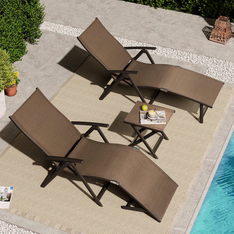 3PCS Outdoor Chaise Lounge & Table Set, Textiline Folding Chaise with Side Table,