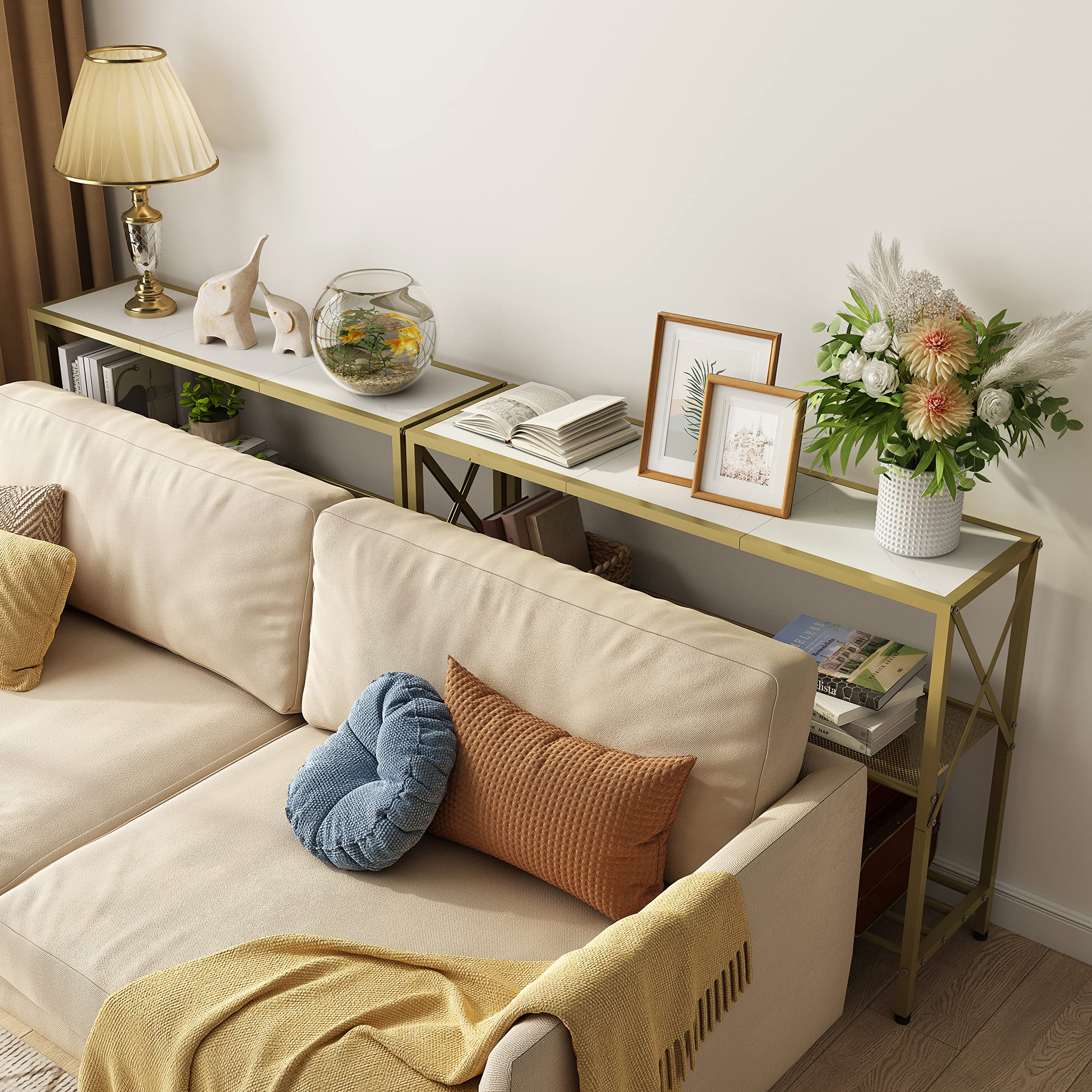 Gold Console Table, 3 Tier Entryway Table, Hallway Table, Narrow Sofa Table with Shelves