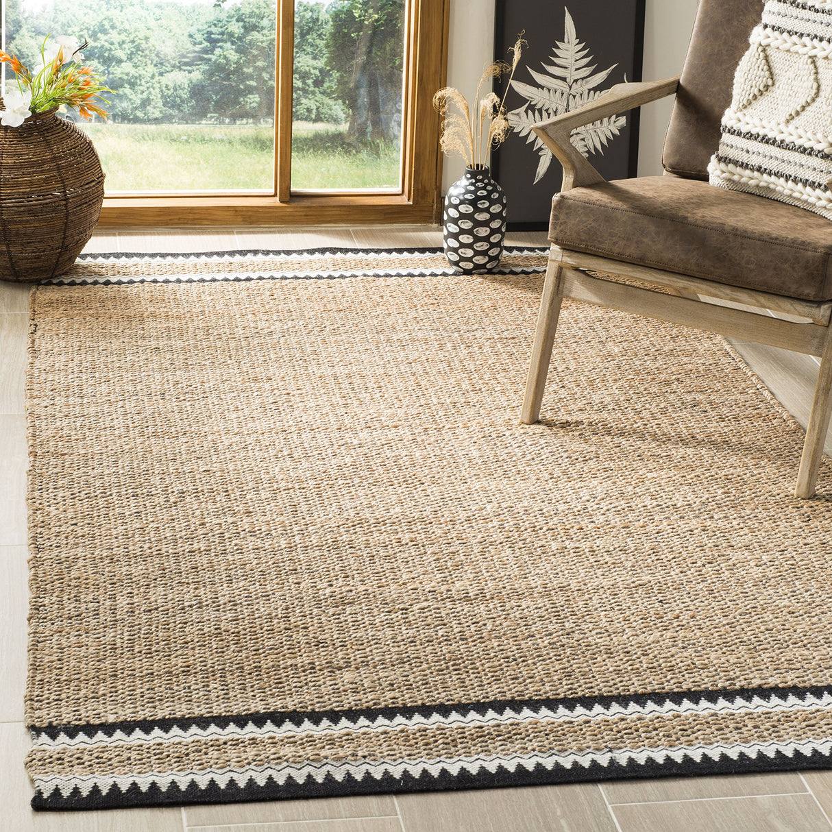 Natural Fiber Collection Area Rug - 3' Square, Natural & Black, Handmade Farmhouse Boho Coastal Rustic Jute,