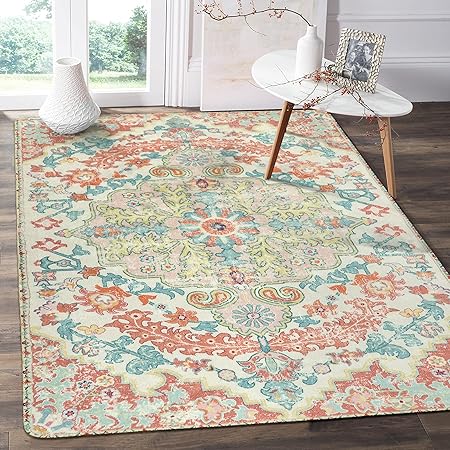 Lahome Bohemian Floral Medallion Area Rug - 3x5 Bedroom Rug Soft Throw Printed Bathroom Kitchen Entry Foyer Mat, Vintage Non-Slip Washable Carpet for Front Door Laundry Room Bath Office, Orange