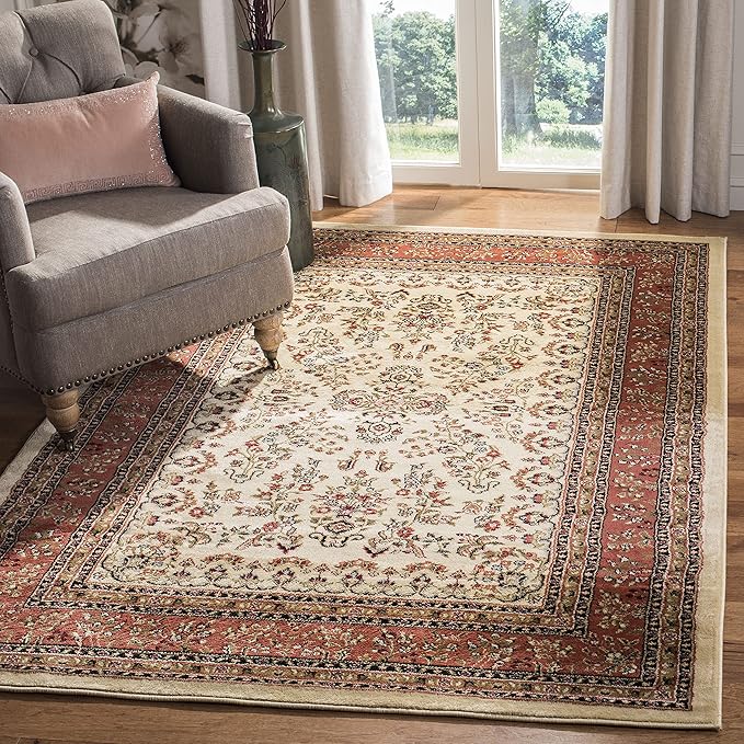 Lyndhurst Collection Area Rug - 9' x 12', Ivory & Red, Traditional Oriental Design