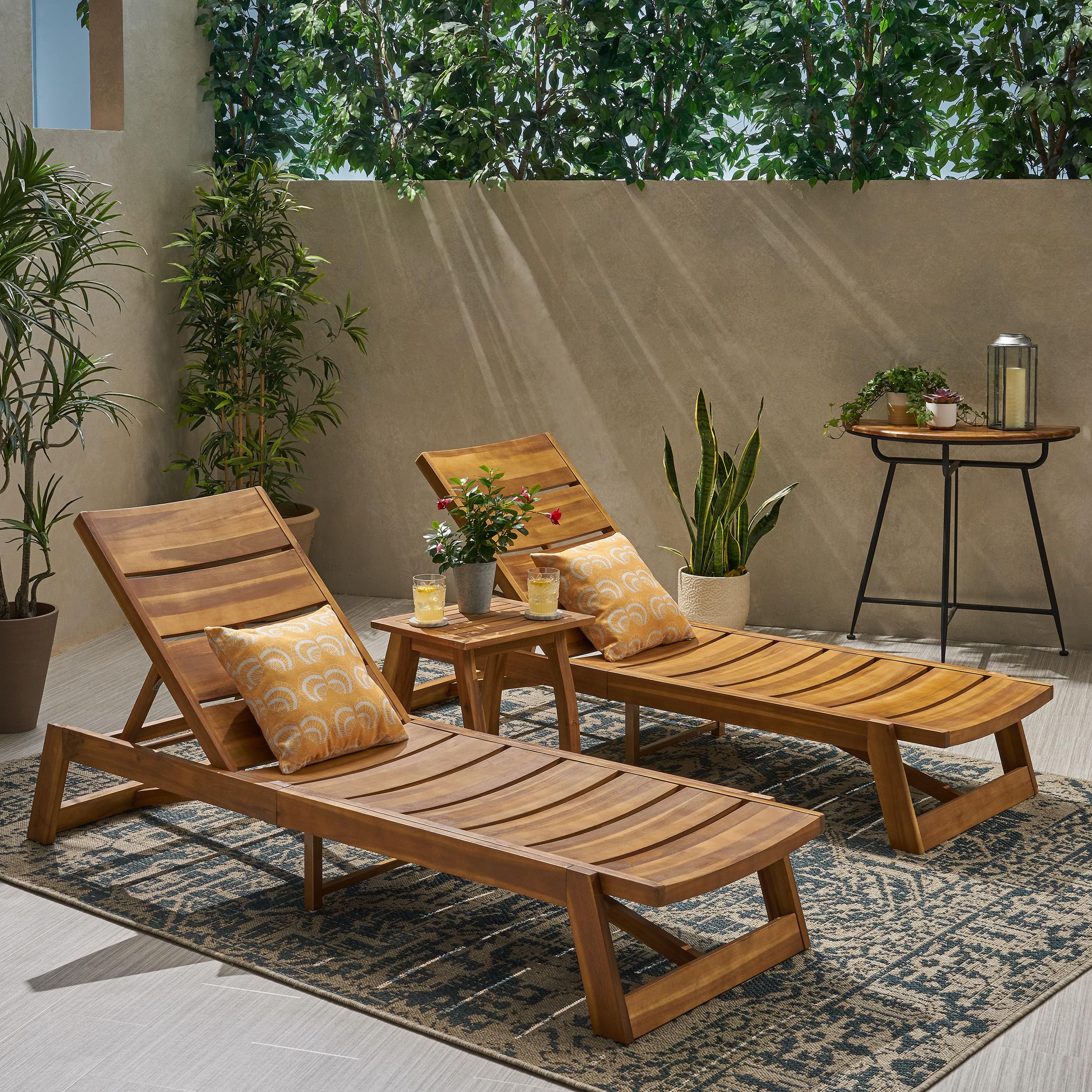 Outdoor Acacia Wood 3 Piece Chaise Lounge Set