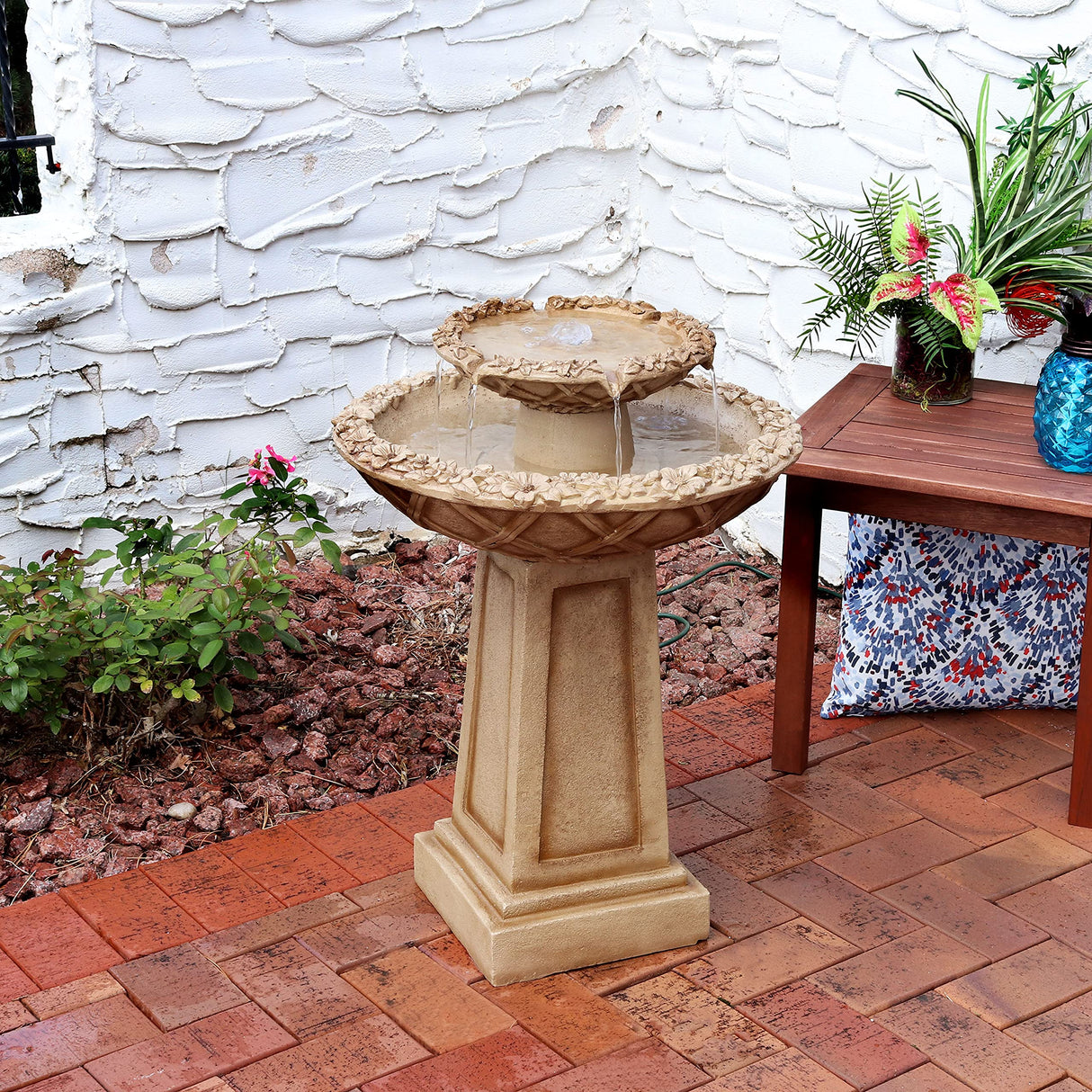 Beveled Flower Outdoor Water Fountain - 2-Tier Backyard Water Feature & Bird Bath