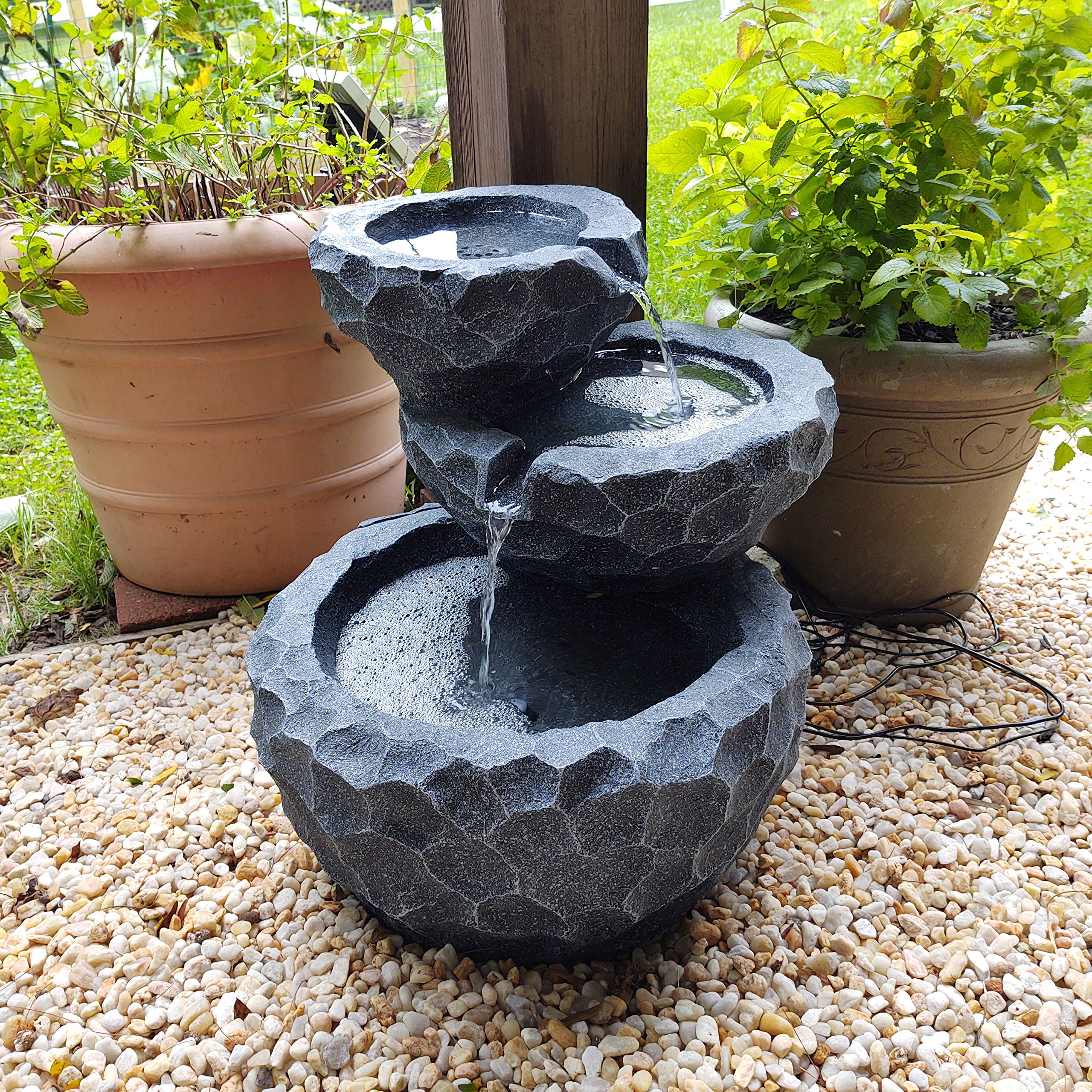17-Inch 3-Tier Chiseled Basin Solar Fountain with Battery Backup - Submersible Pump
