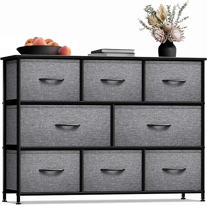 Dresser with 8 Faux Wood Drawers - Chest Organizer Unit with Steel Frame Wood Top & Handle Easy Pull Fabric