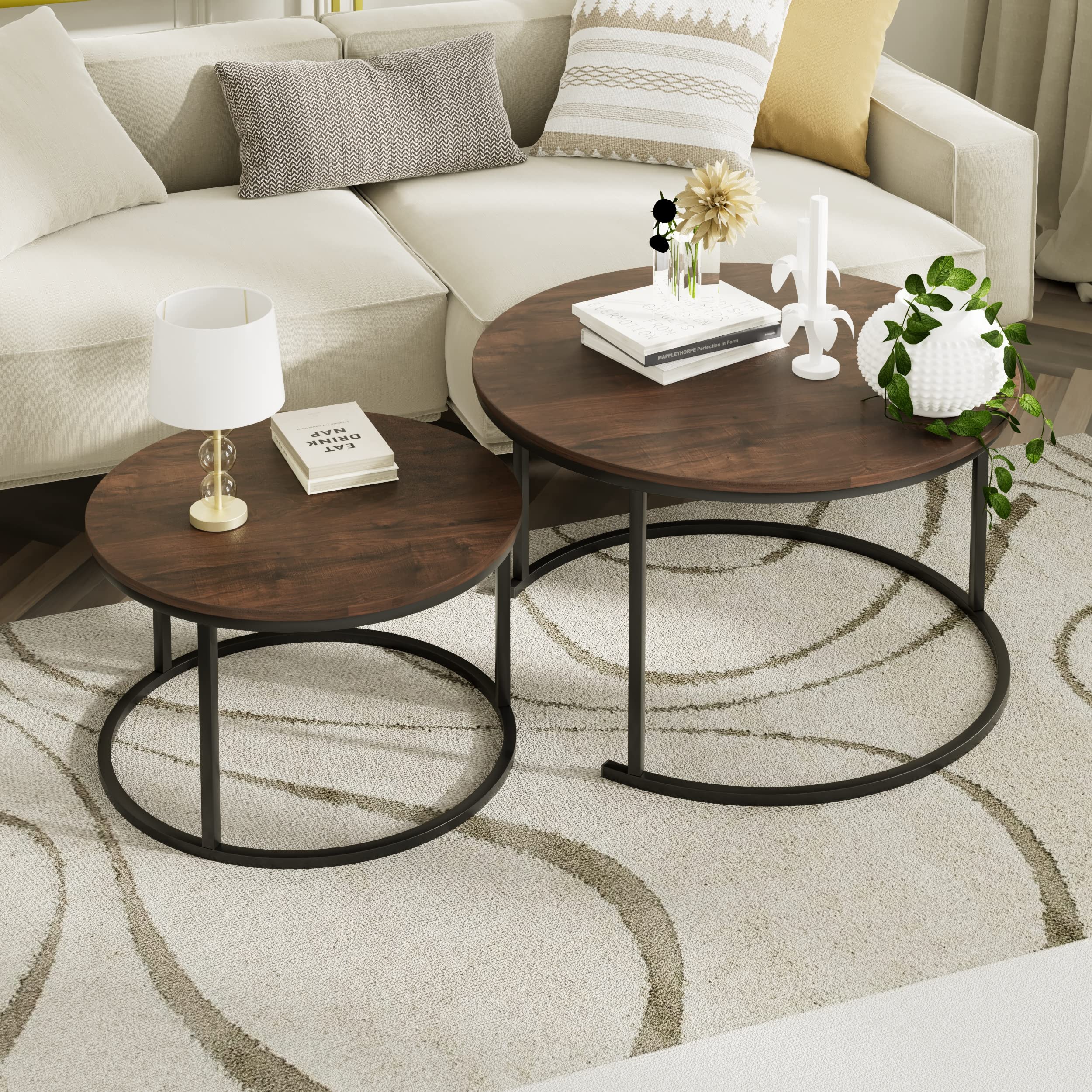 Nesting Coffee Table 31.5IN Set of 2, Rustic Brown Steel Frame Circular