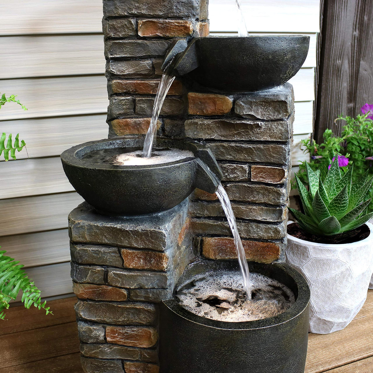 Staggered Bowls 34-Inch Outdoor Water Fountain - LED Lights -Electric Submersible