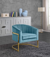Carter Collection Modern | Contemporary Upholstered Velvet Barrel Accent Chair with Gold Stainless Base, Aqua, 29" W x 27.5" D x 31" H