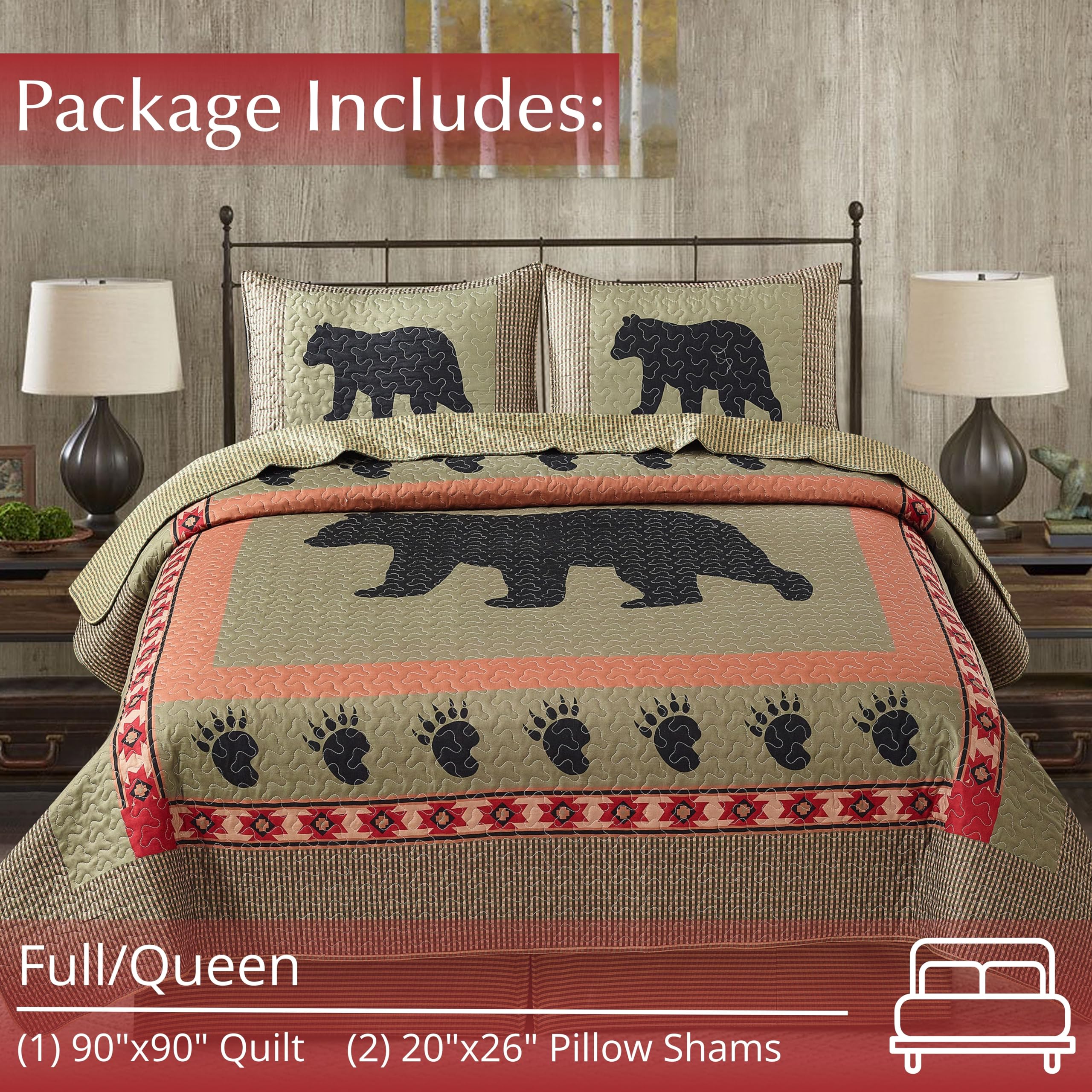 3 Piece Full/Queen Cabin Quilt Bedding Set - Bear and Paw - Rustic Country Reversible