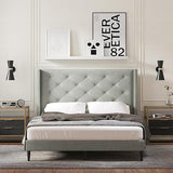 Huppe Upholstered Platform Bed Frame/Button Tufted MCM Wingback/Mattress