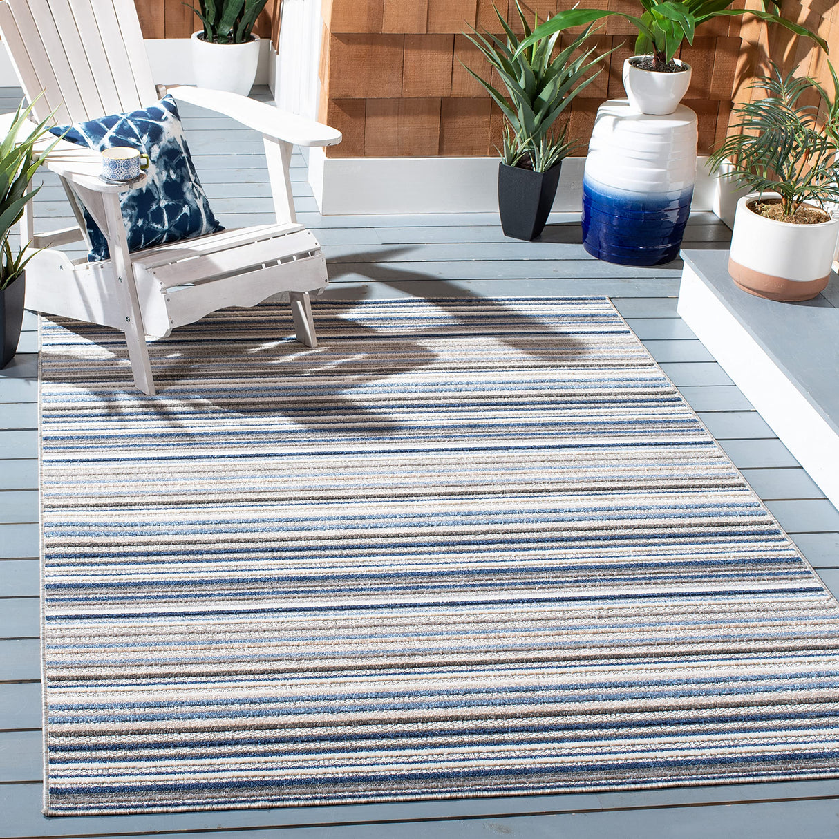 Cabana Collection Area Rug - 8' x 10', Grey & Blue, Stripe Design, Non-Shedding & Easy