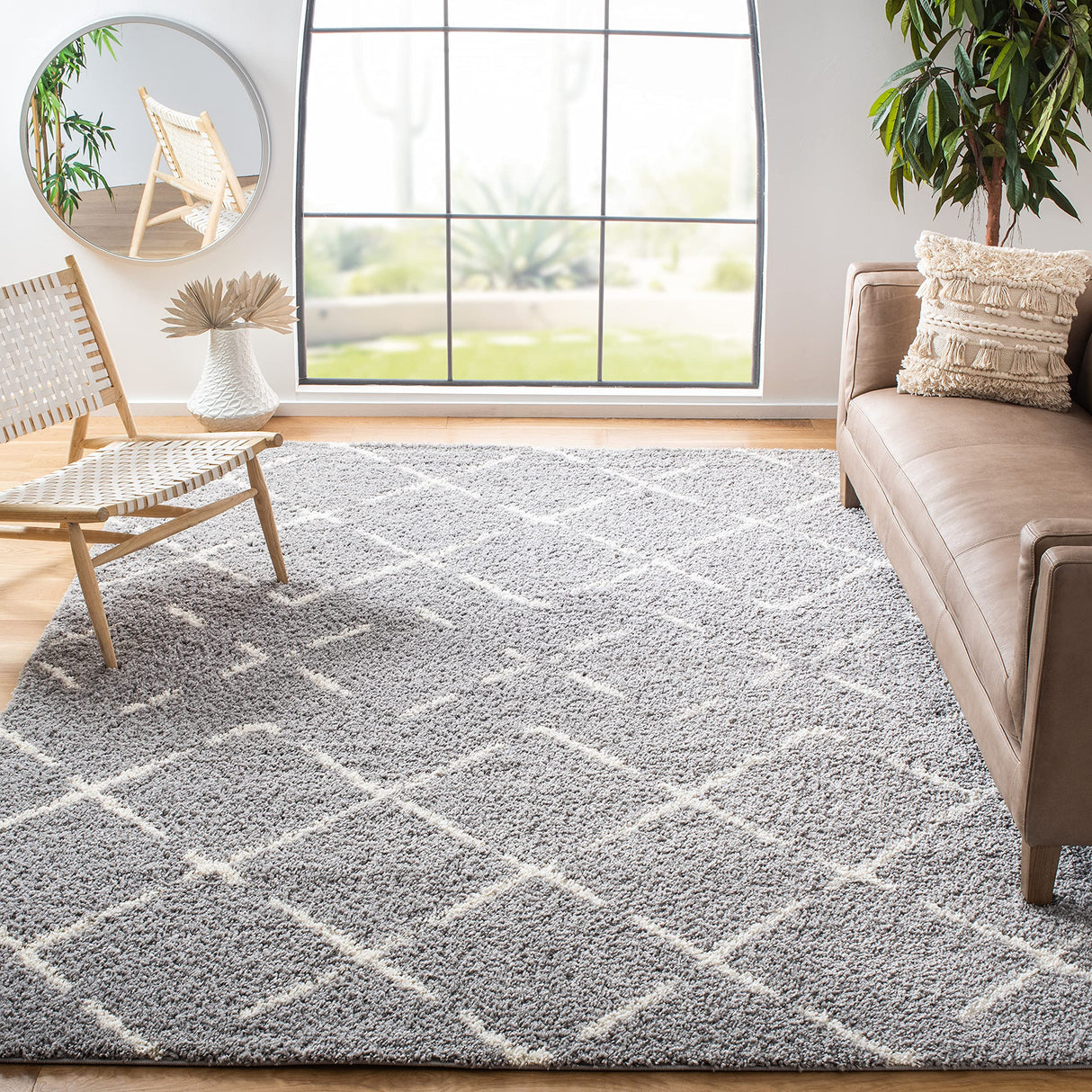 Arizona Shag Collection 6'7" Square Grey/Ivory ASG743D Moroccan Diamond Non-Shedding