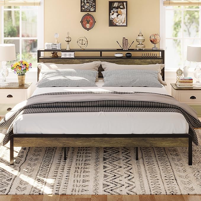 Gyfimoie Upholstered Queen Bed Frame with Adjustable Storage Headboard,