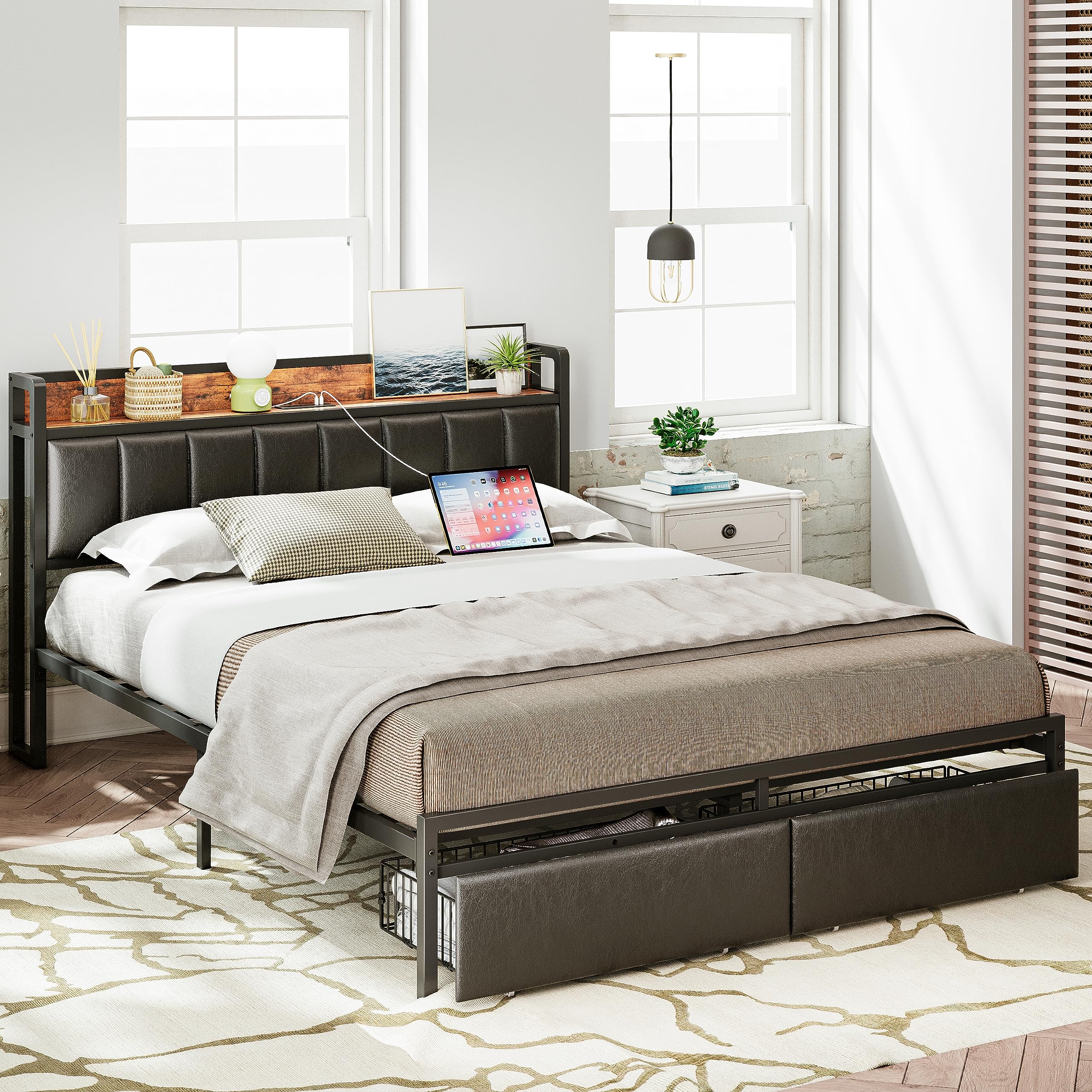 King Size Bed Frame with Storage Headboard and Charging Station