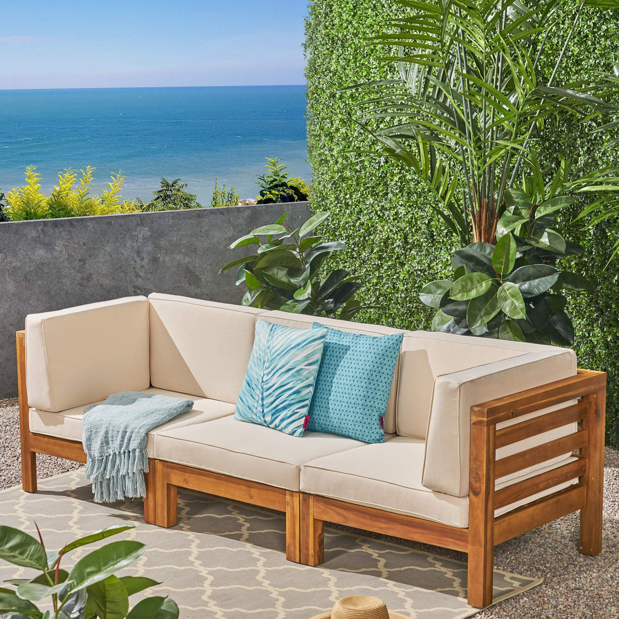 Great Deal Furniture GDFStudio Outdoor Sectional Sofa Set - 3-Seater - Acacia Wood