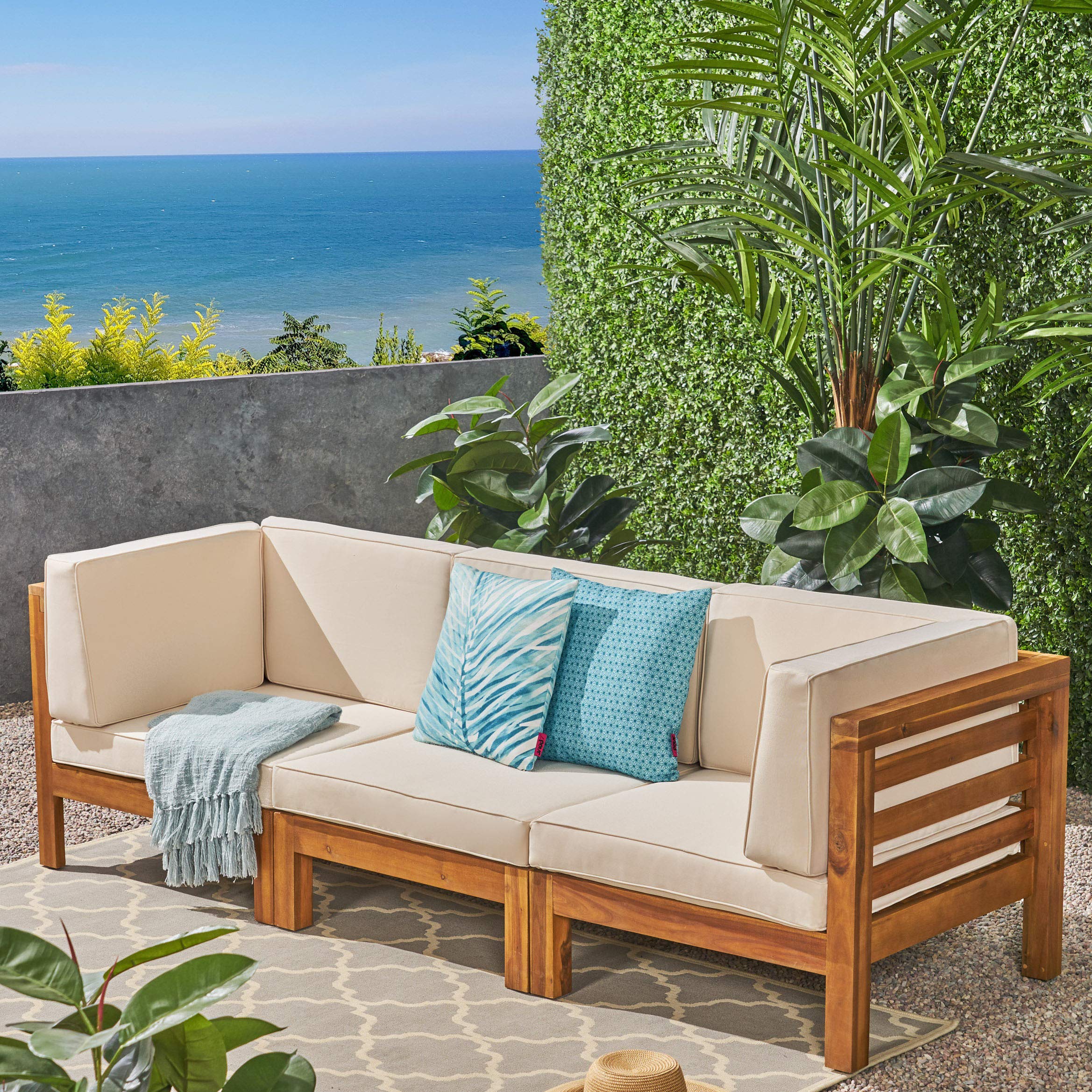 Great Deal Furniture GDFStudio Outdoor Sectional Sofa Set - 3-Seater - Acacia Wood