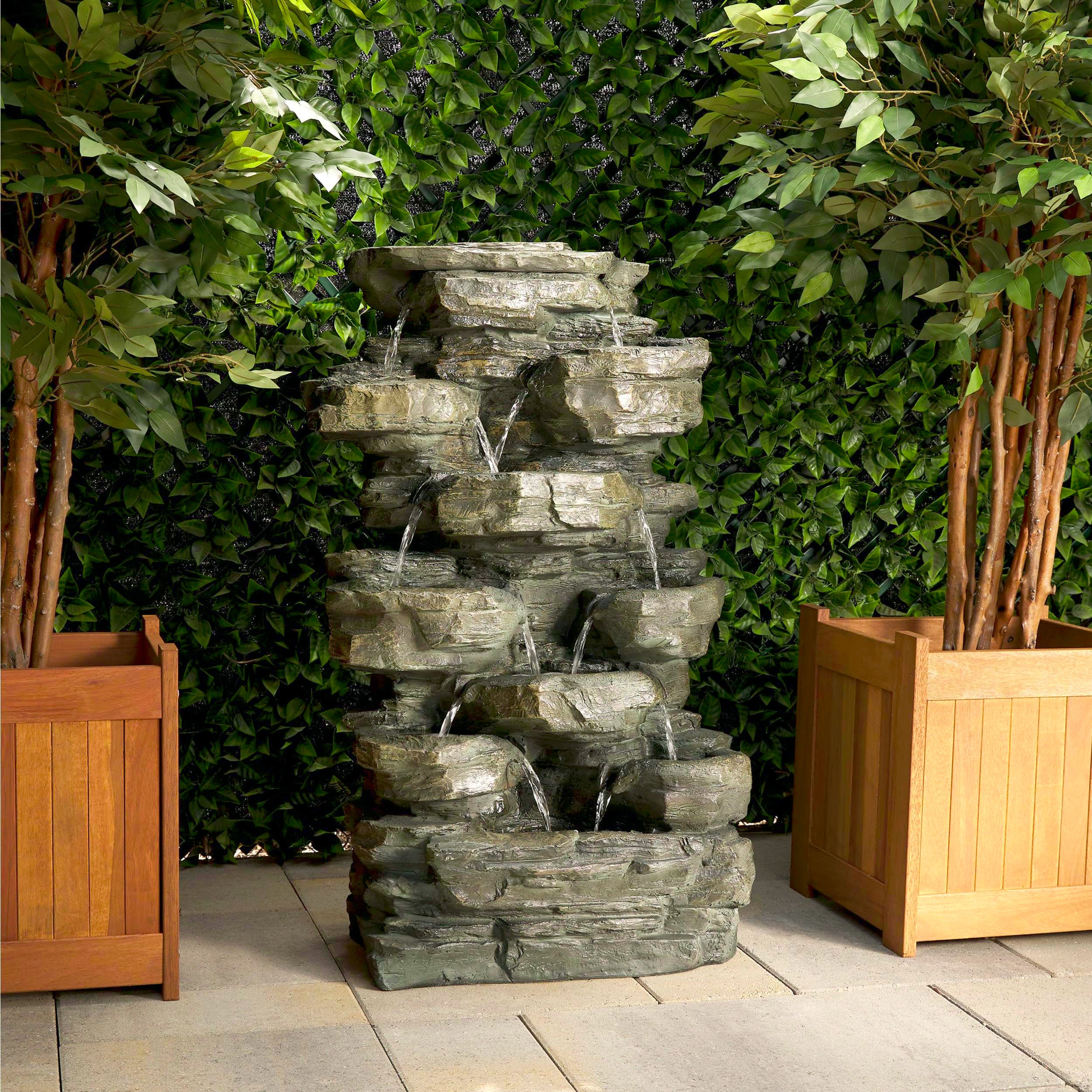 WIN930 Outdoor Floor Multi-Tiered Cascading Rock Garden Water Fountain with LED Lights