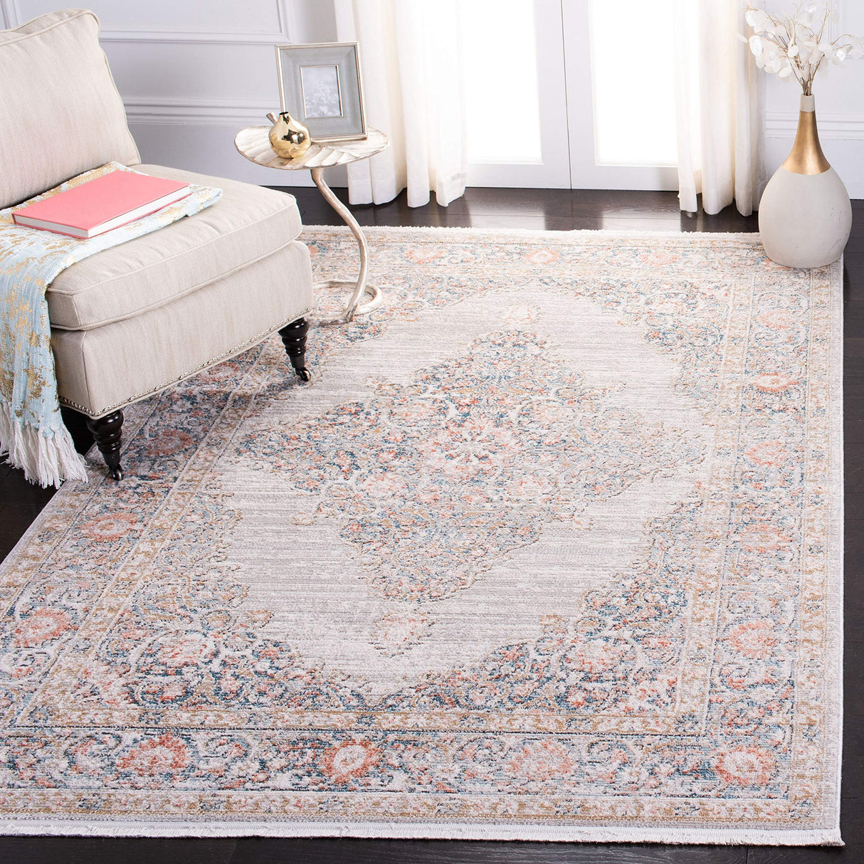 Shivan Collection 6'7" Square Grey / Rose SHV726F Shabby Chic Medallion