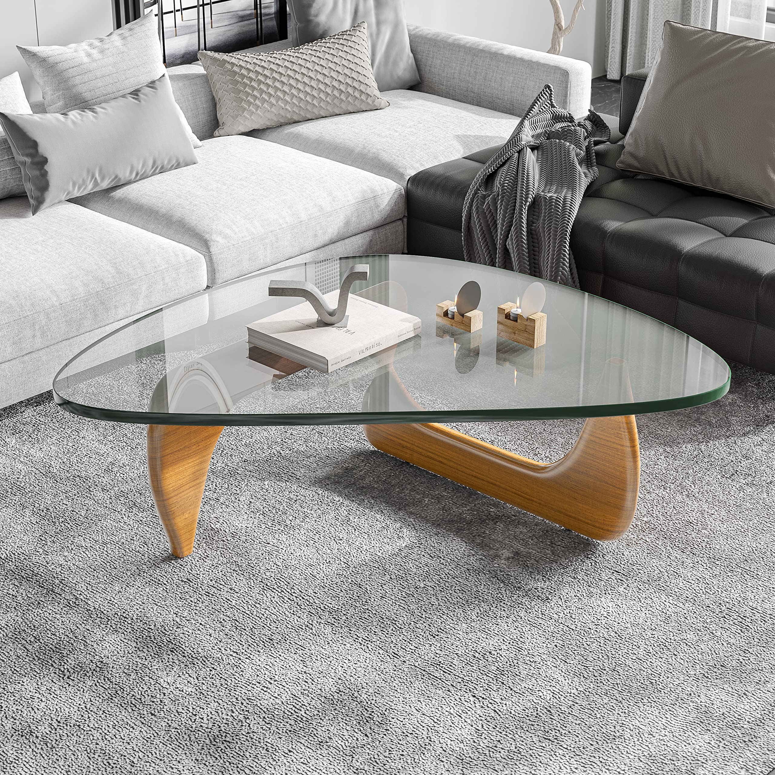 Noguchi Table Triangle Glass Coffee Table Vintage Glass End Table, Solid Wood Base and Triangle Clear Glass Top Modern End Table for Living Room, Patio, Study