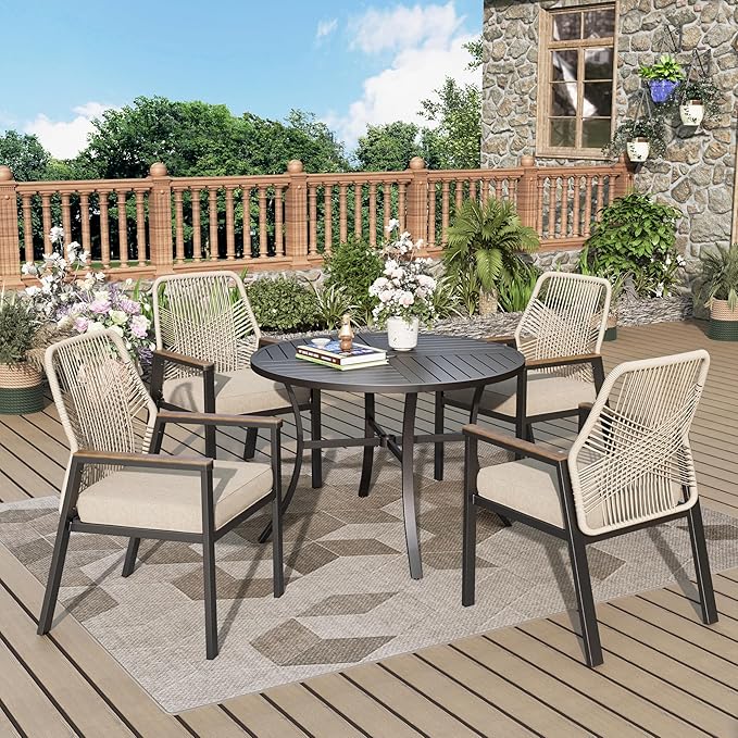 7 Pieces Outdoor Patio Dining Set, Wicker Patio Dining Set of 6 Rattan Chairs