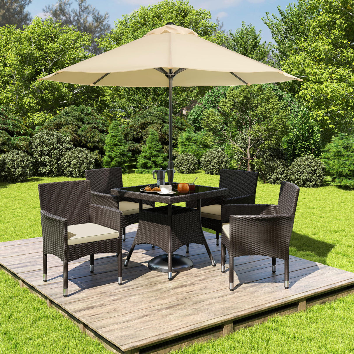 5-Piece Patio Furniture Set, Outdoor Rattan 4 Dining Chairs & Tempered Glass Table