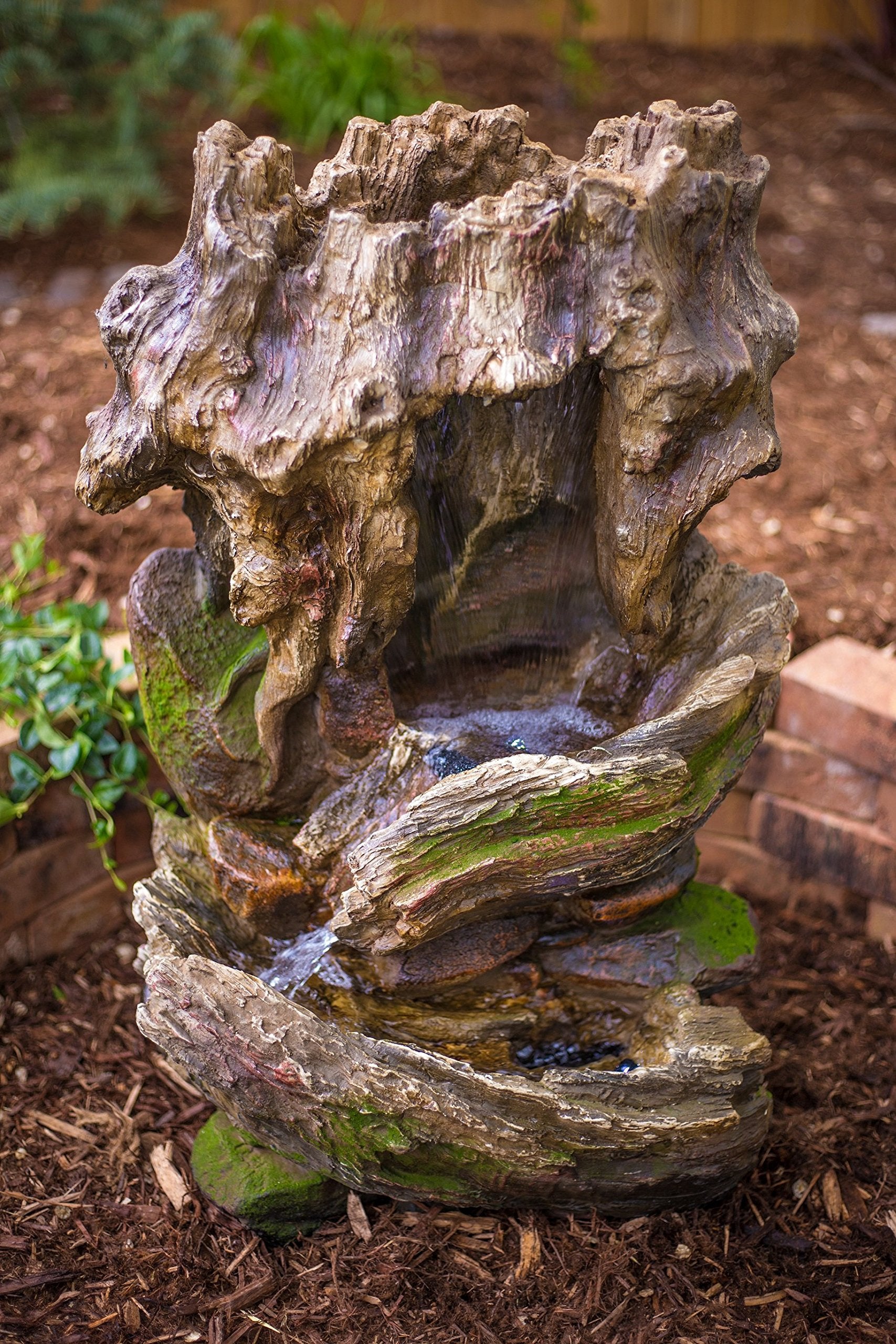 32" Cottage Log Garden Fountain: Tiered Outdoor Water Feature for Gardens & Patios. Weatherproof Resin, Hand-Crafted, w/LED Lights.