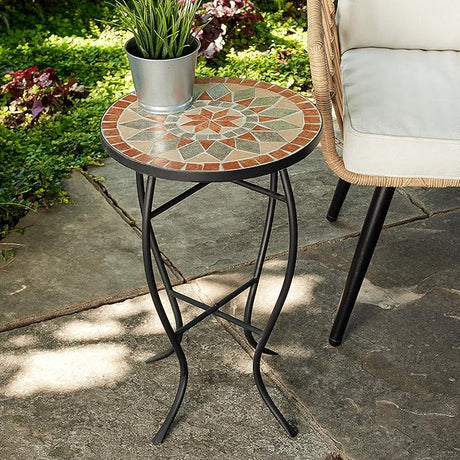 29-KY03WH Accent Side Table - Small, Colorful Mosaic Design, Rust-Resistant Steel Frame