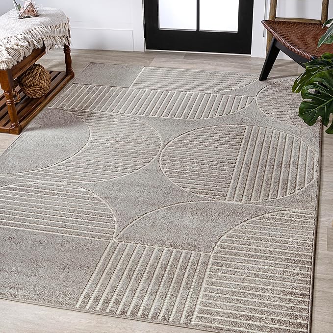 SCN104D-8 Nordby High-Low Geometric Arch Scandi Striped Taupe/Beige 8 ft. x 10 ft