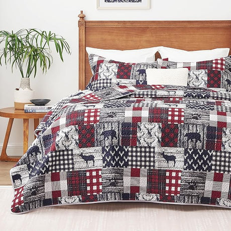 Christmas Cabin Quilt Sets Queen, 3-Piece Lightweight Reversible All Season Bear Quilt