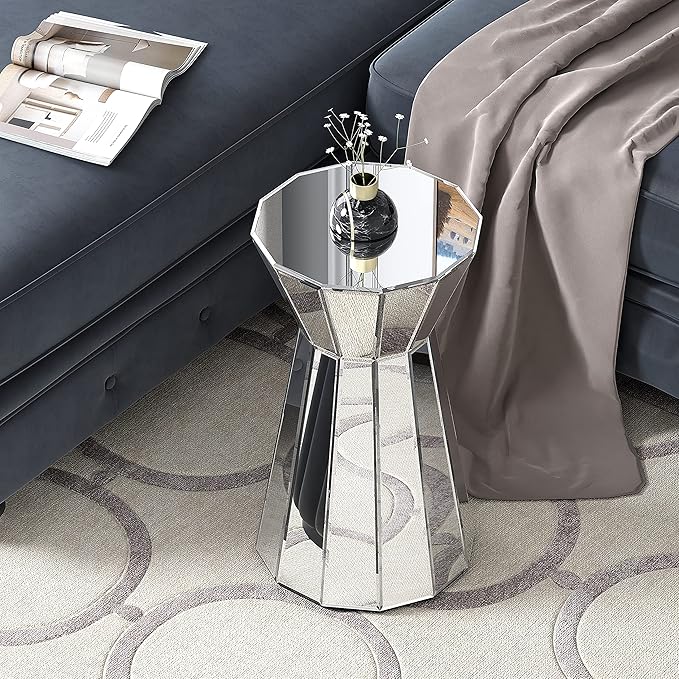 Mirrored End Table with Crystal Inlay, Square Modern Side Table Silver Accent Table