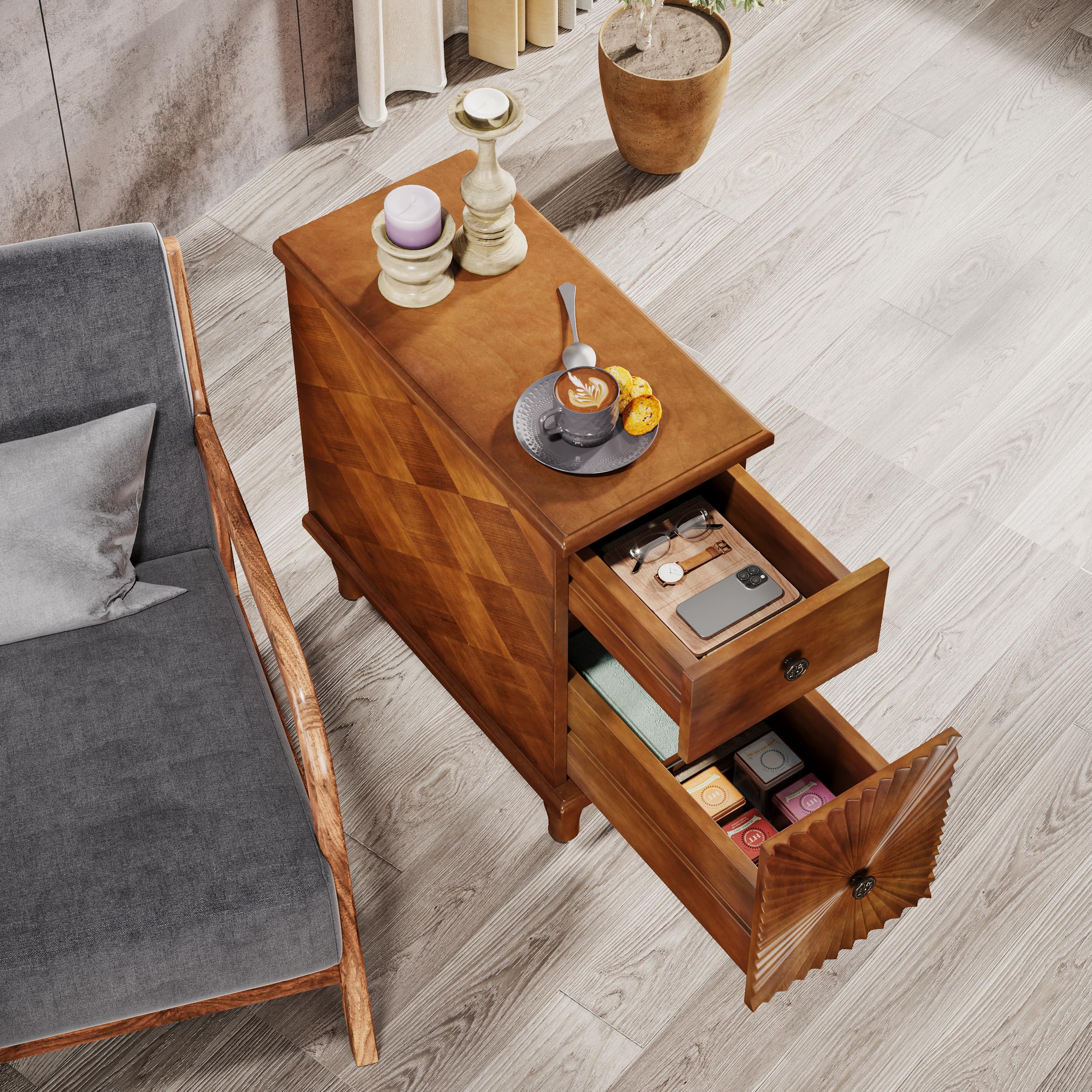Sunburst End Table Set of 2, No Assembly Required 2 Drawers Sofa Side Table with Sunbeam Texture