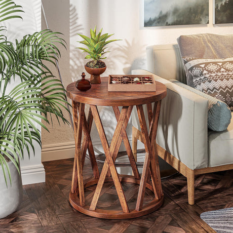 Farmhouse End Table, Rustic Round Side Table with X-Motifs Legs, Wood Textured Top