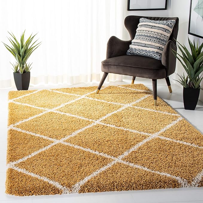 S Hudson Shag Collection Area Rug - 8' x 10', Ivory & Beige, Modern Trellis Design