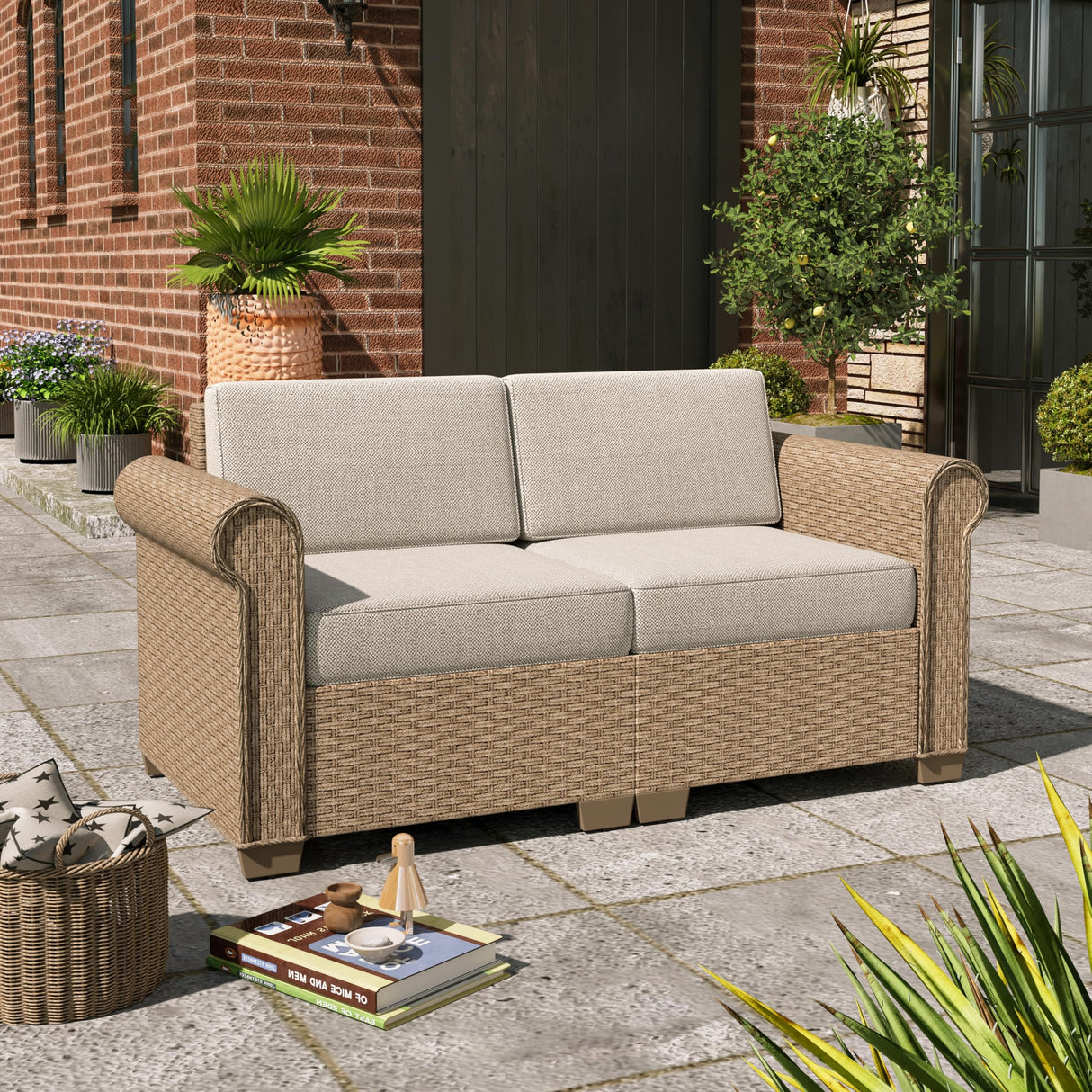 Patio Furniture Set, 2 Piece Outdoor Rattan Wicker Sectional Conversation Set