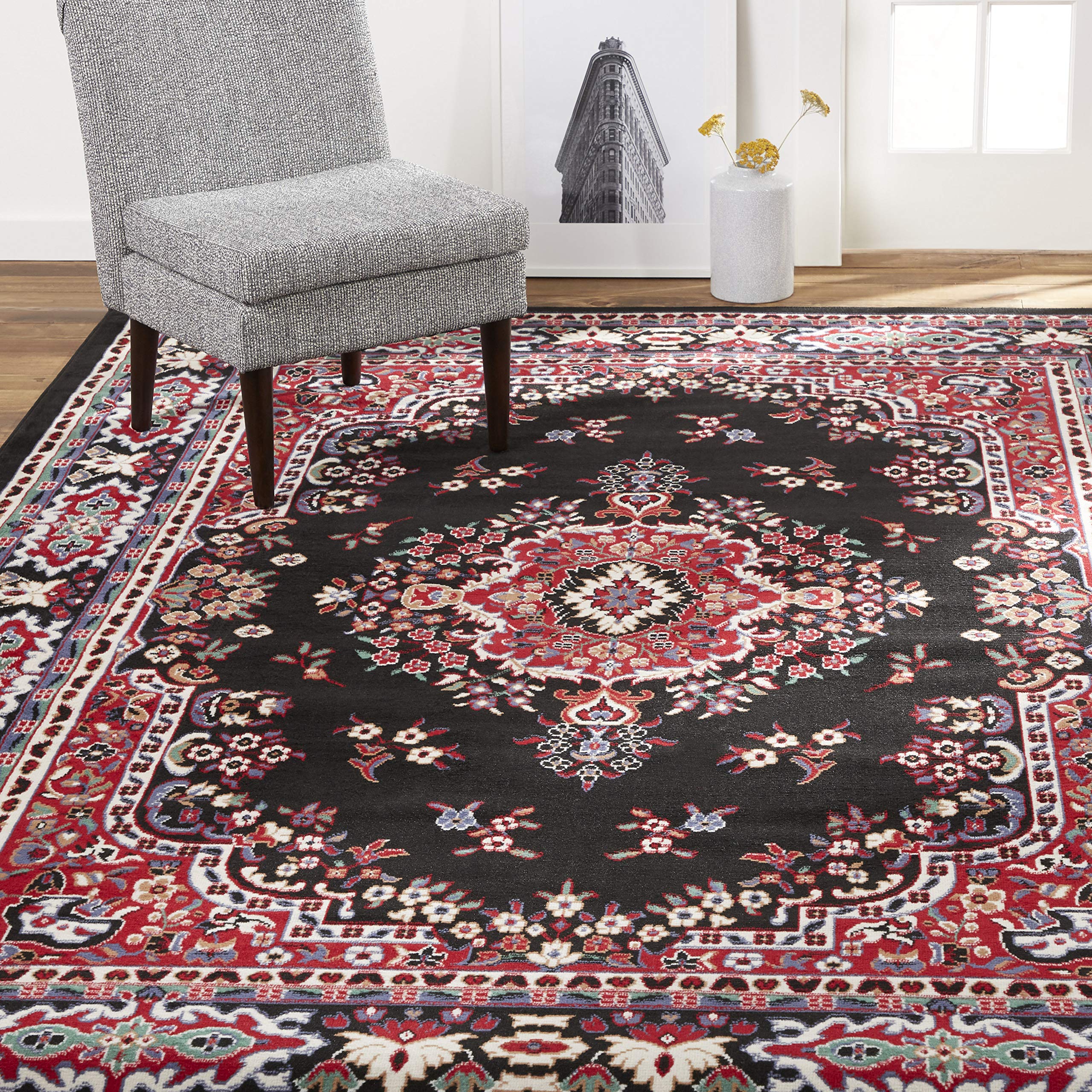 Home Dynamix Premium Sakarya Traditional Medallion Border Area Rug, Black, 7'8"x10'7" Rectangle